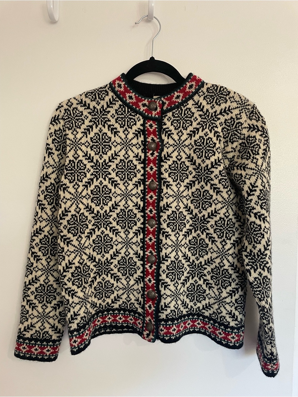 L.L. Bean Black, Cream and Red Nordic Cardigan Sweater